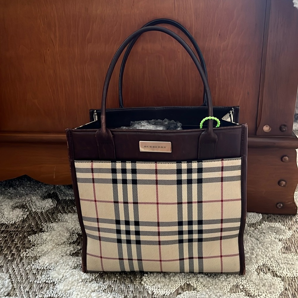 Authentic Burberry Haymarket print leather and canvas tote
